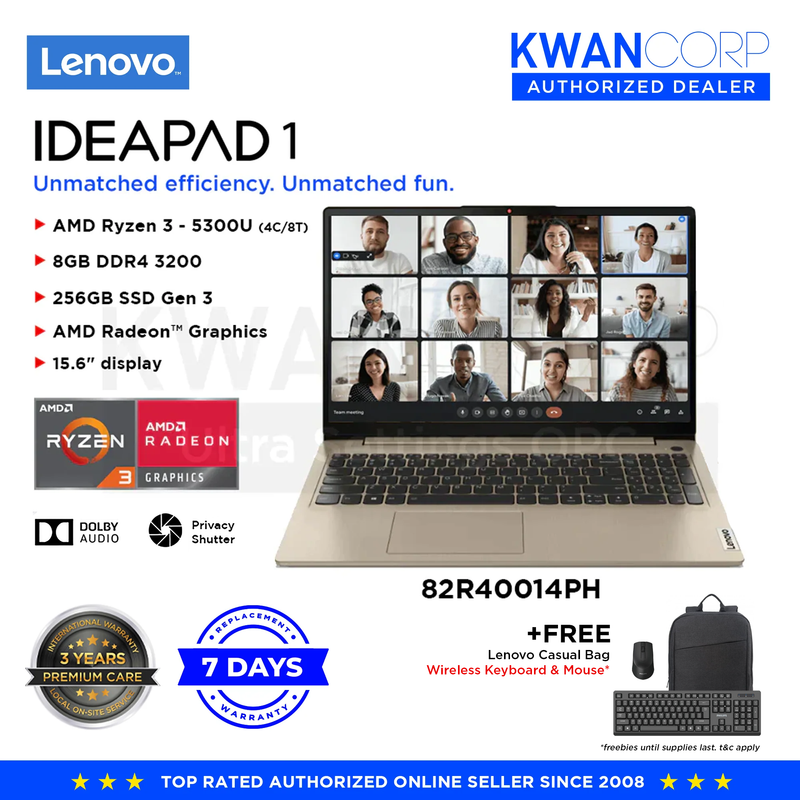 Lenovo IdeaPad 1 82R40014PH AMD Ryzen 3 5300U 8GB RAM AMD Radeon Graphics 256GB SSD Gen 3 15.6" display Laptop
