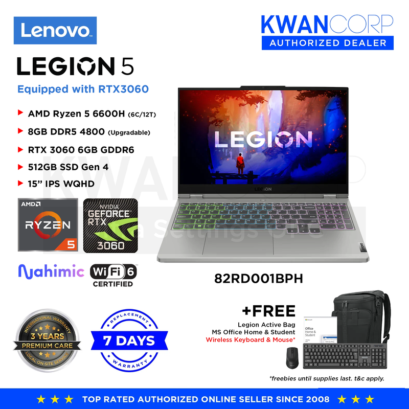 Lenovo Legion 5 82RD001BPH AMD Ryzen 5 6600H 16GB RAM RTX 3060 6GB 512GB SSD Gen 4 15.6" IPS WQHD 165Hz Gaming Laptop