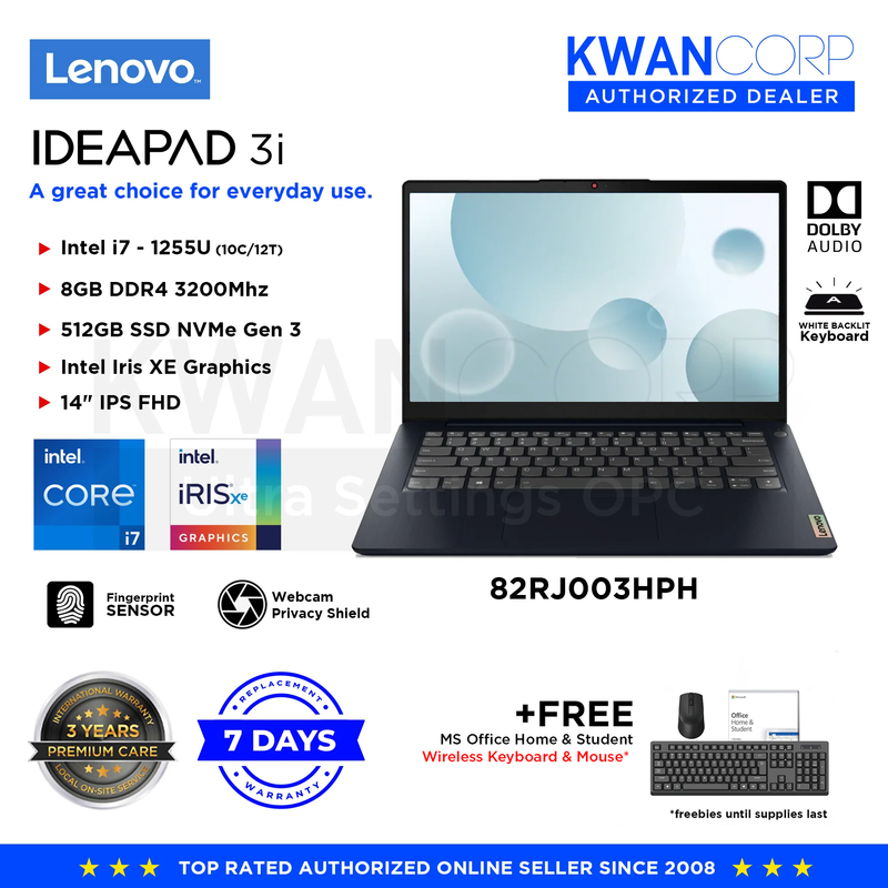 Lenovo IdeaPad 3i 82RJ003HPH Intel i7 12th Gen 8GB RAM Intel Iris XE Graphics 512GB SSD 14" IPS FHD Windows 11 Laptop