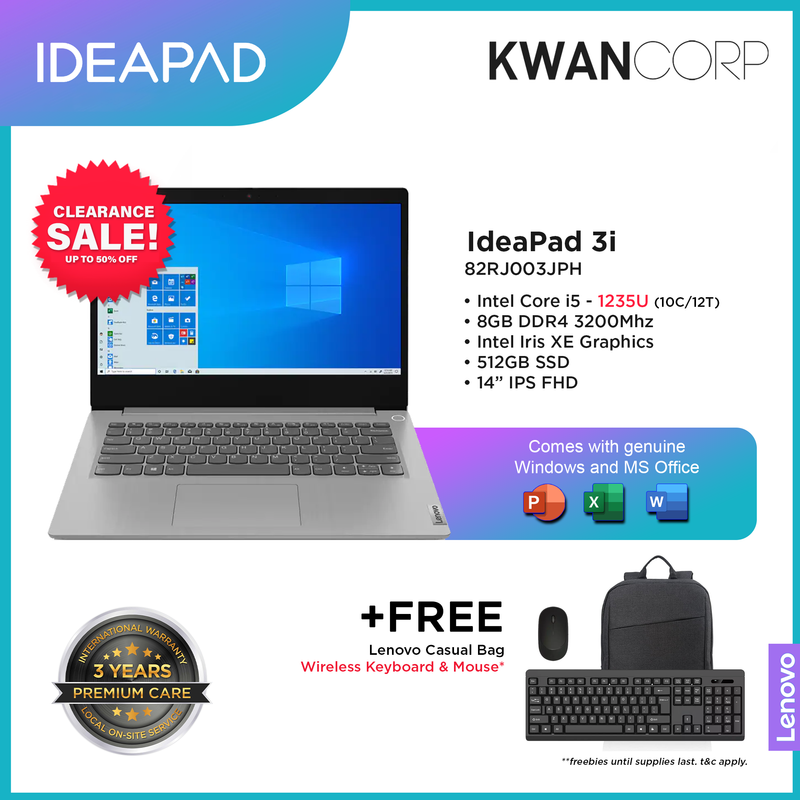 Lenovo IdeaPad 3 82RJ003JPH Intel i5 - 1235U 8GB RAM Intel Iris XE Graphics 512GB SSD 14" IPS FHD Windows 11 Laptop