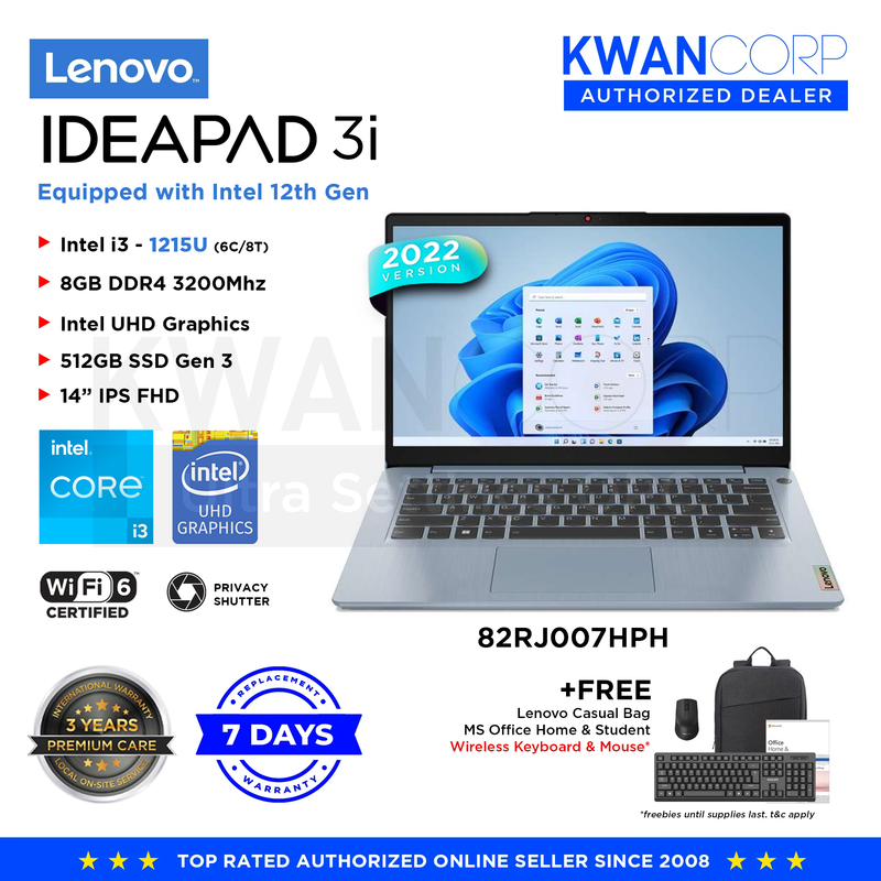 Lenovo IdeaPad 3i 82RJ007HPH Intel i3 1215U 8GB RAM Intel UHD Graphics 512GB SSD 14" IPS FHD Mainstream Laptop