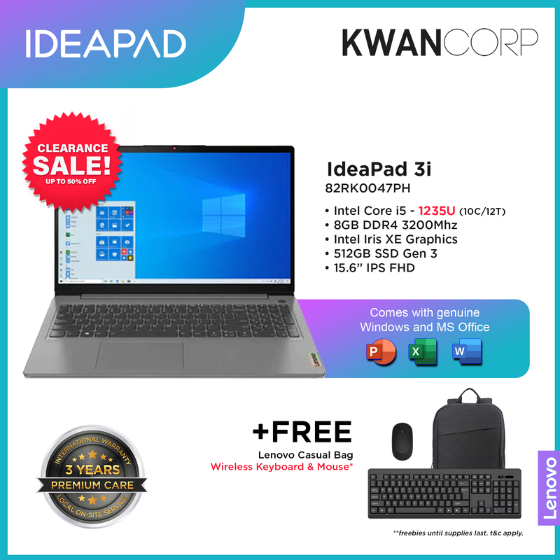Lenovo Ideapad 3i 82RK0047PH (2022 MODEL) Intel i5 - 1235U 8GB RAM Intel Iris XE Graphics 512GB SSD Gen 3 15.6" IPS FHD Mainstream Laptop