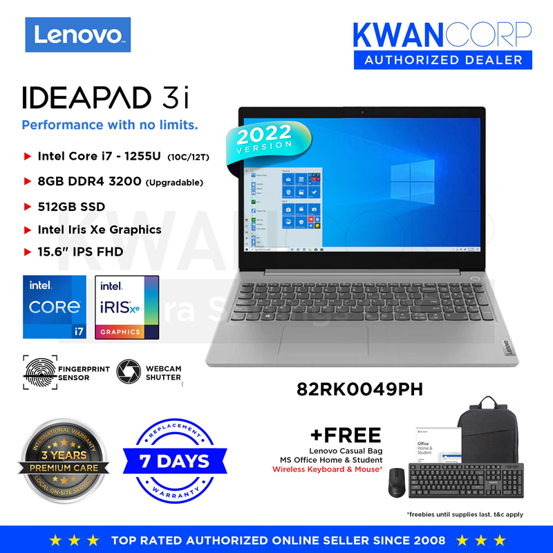 Lenovo IdeaPad 3i (2022 MODEL) 82RK0049PH Intel i7 12th Gen 8GB RAM Intel Iris XE Graphics 512GB SSD 15.6" IPS FHD Laptop