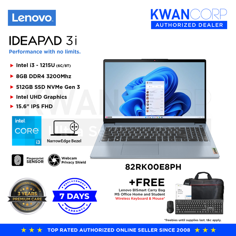 Lenovo IdeaPad 3i 82RK00E8PH Intel i3 1215U 8GB RAM Intel UHD Graphics 512GB SSD 15.6" IPS FHD Windows 11 Laptop