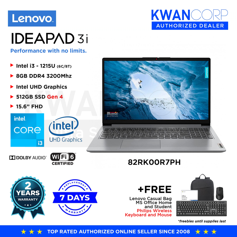 Lenovo IdeaPad 3i 82RK00R7PH Intel i3 1215U 8GB RAM Intel UHD Graphics 512GB SSD Gen 4 15.6" FHD Mainstream Laptop