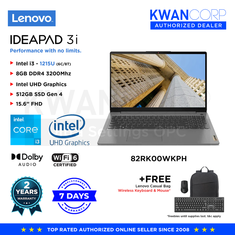 Lenovo IdeaPad 3i 82RK00WKPH Intel i3 1215U 8GB RAM Intel UHD Graphics 512GB SSD Gen 4 15.6" FHD Windows 11 Mainstream Laptop