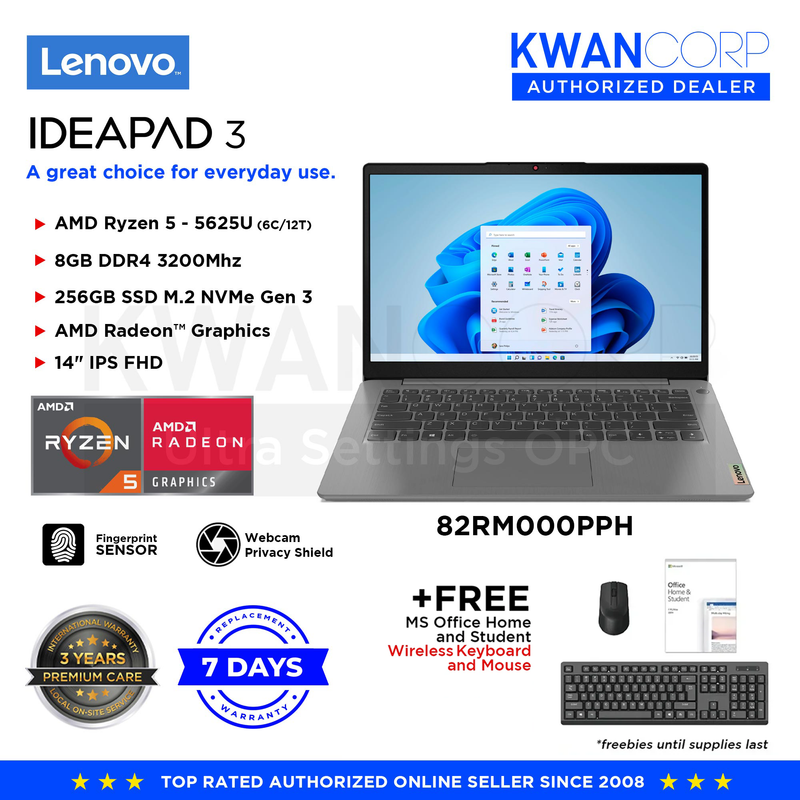 Lenovo IdeaPad 3 82RM000PPH AMD Ryzen 5 5625U 8GB RAM AMD Radeon Graphics 512GB SSD Gen 3 14" IPS FHD Windows 11 Laptop