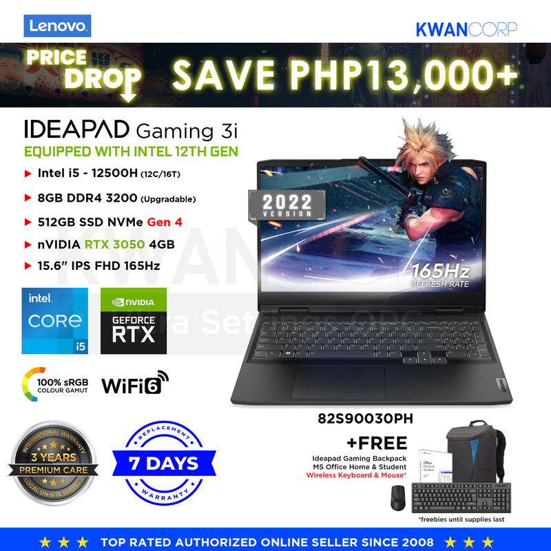 Lenovo IdeaPad Gaming 3i 2022 82S90030PH Intel i5 12th Gen 8GB 512GB Gen 4 SSD RTX 3050 4GB 15.6" IPS FHD 165Hz Windows 11 Gaming Laptop