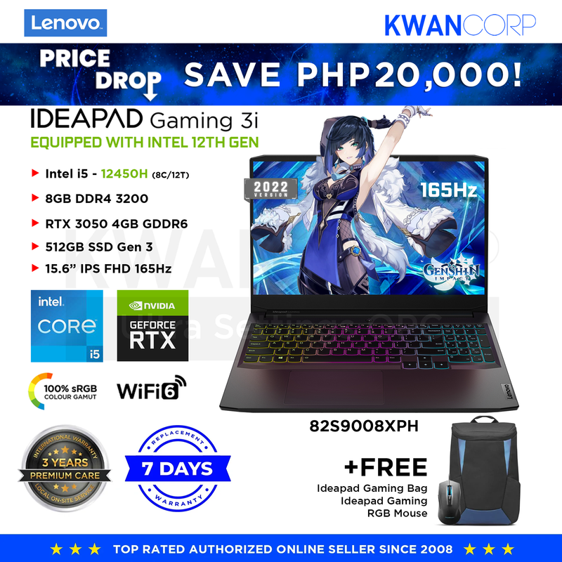Lenovo IdeaPad Gaming 3i (2022 MODEL) 82S9008XPH Intel i5 - 12450H 8GB RAM RTX3050 4GB 512GB SSD Gen 3 15.6" IPS FHD 165Hz Gaming Laptop