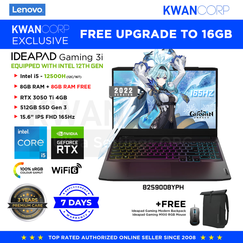 Lenovo IdeaPad Gaming 3i (2022 MODEL) 82S9008YPH Intel i5 - 12500H 16GB RAM RTX3050Ti 512GB SSD 15.6" IPS FHD 165Hz Gaming Laptop