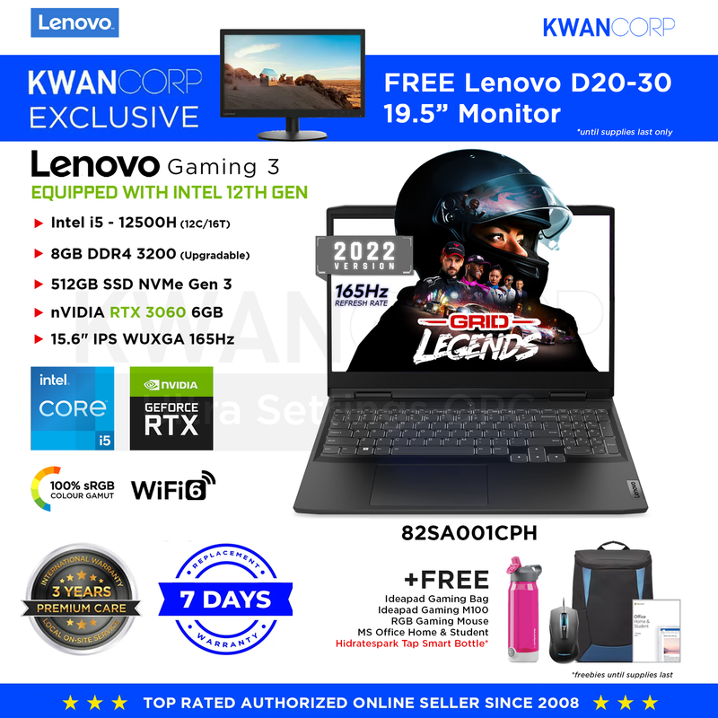 Lenovo Gaming 3i (2022 MODEL) 82SA001CPH Intel i5 - 12500H 8GB RAM RTX 3060 6GB 512GB SSD Gen 3 16" IPS WUXGA 165Hz Gaming Laptop