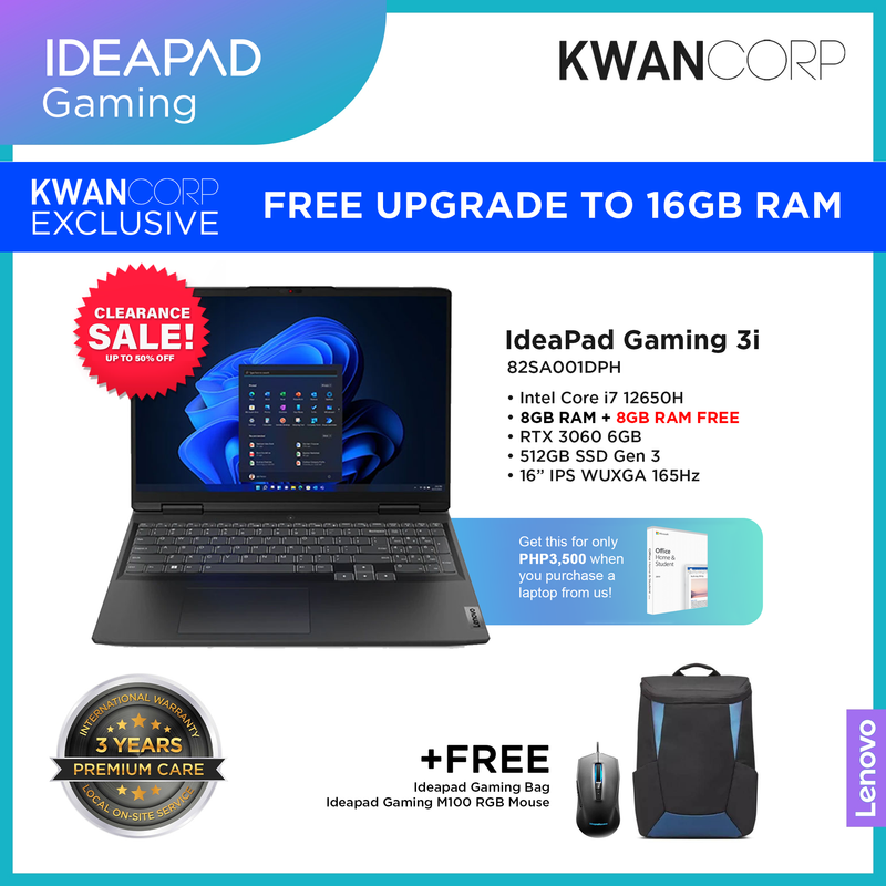 Lenovo IdeaPad Gaming 3i 82SA001DPH Intel i7 12650H 8GB RAM RTX3060 6GB 512GB SSD Gen 3 16" IPS WUXGA 165Hz Gaming Laptop