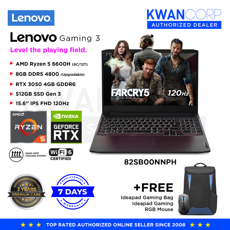 Lenovo Gaming 3 82SB00NNPH AMD Ryzen 5 6600H 8GB RAM RTX 3050 4GB 512GB SSD Gen 3 15.6" IPS FHD 120Hz Gaming Laptop