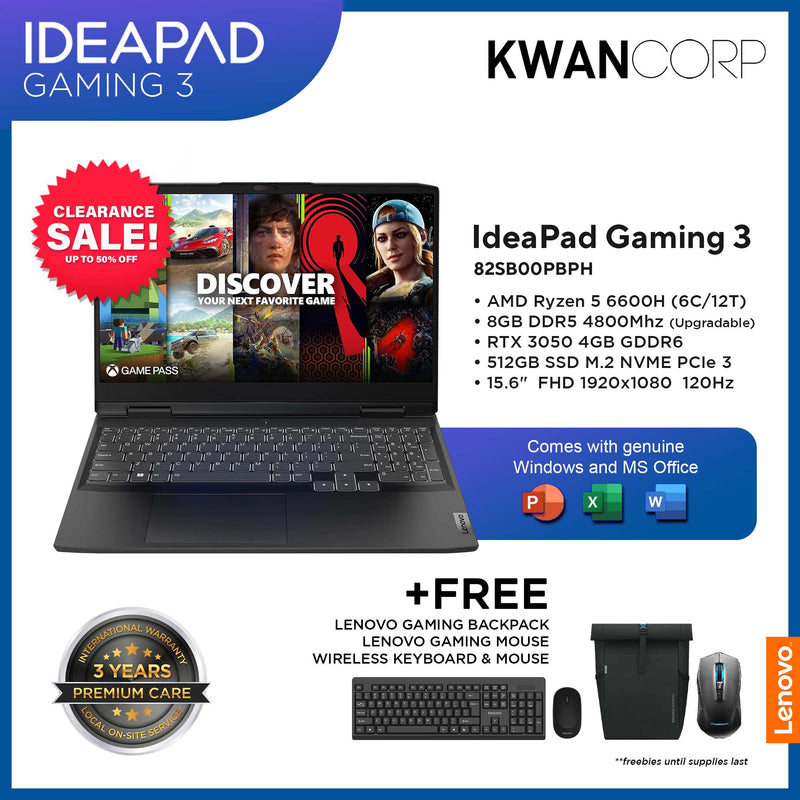IdeaPad Gaming 3 82SB00PBPH AMD Ryzen 5 6600H 8GB 512GB SSD RTX 3050 4GB 15.6" IPS FHD 120Hz Windows 11 Gaming Laptop