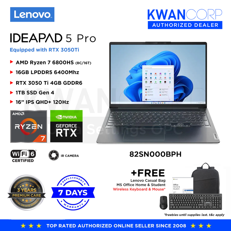 Lenovo IdeaPad 5 Pro 82SN000BPH AMD Ryzen 7 6800HS 16GB RAM RTX 3050 Ti 4GB  1TB SSD Gen 4 16" QHD+ 120Hz Premium Laptop