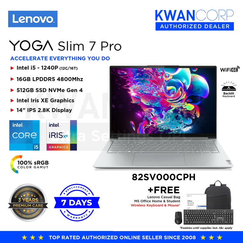 Lenovo Yoga Slim 7 Pro 82SV000CPH Intel i5 1240Pth Gen 16GB RAM Intel Iris XE Graphics 512GB SSD 14" IPS 2.8K Display Windows 11 Laptop