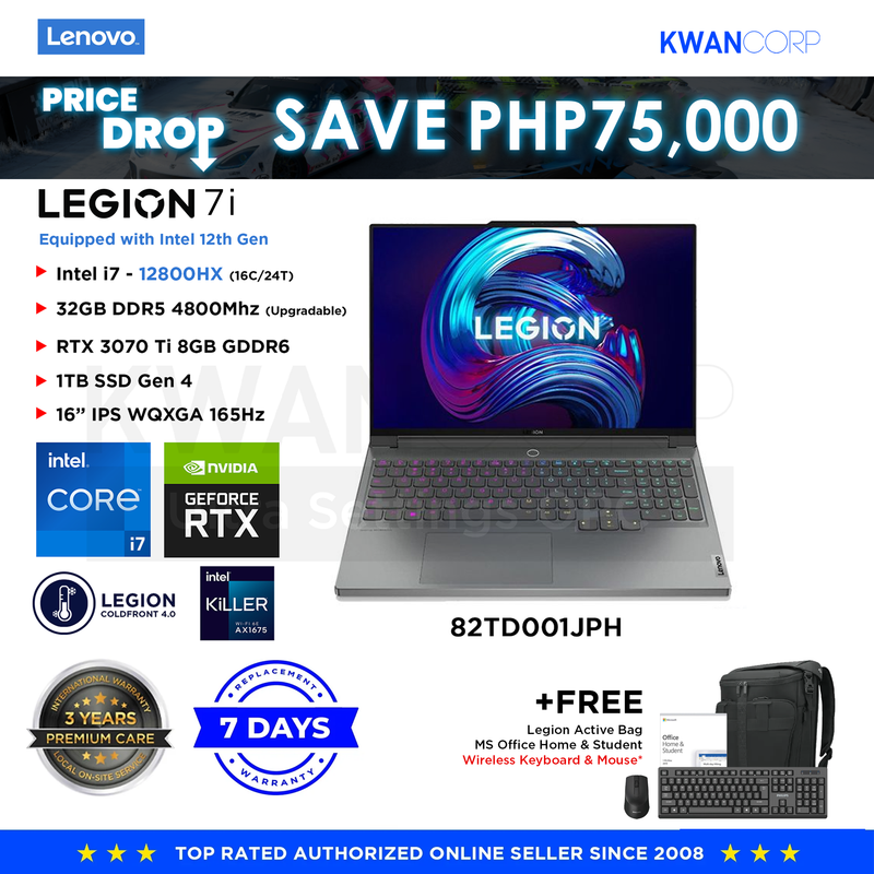 Lenovo Legion 7i 82TD001JPH Intel i7 12800HX 32GB RAM RTX3070Ti 8GB 1TB SSD Gen 4 16" WQXGA 165Hz Gaming Laptop