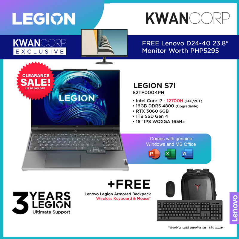 Lenovo Legion S7i 82TF000KPH Intel i7 - 12700H 16GB RAM RTX 3060 1TB SSD Gen 4 16" IPS WQXGA 165Hz Gaming Laptop