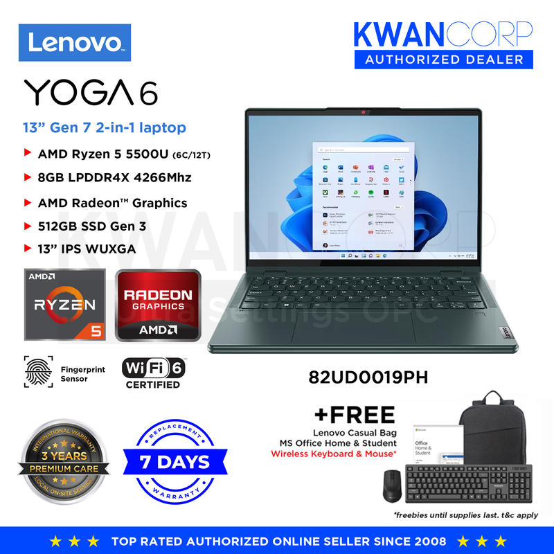 Lenovo Yoga 6 82UD0019PH AMD Ryzen 5 5500U 8GB RAM AMD Radeon™ Graphics 512GB SSD Gen 3 13.3" WUXGA Premium Laptop