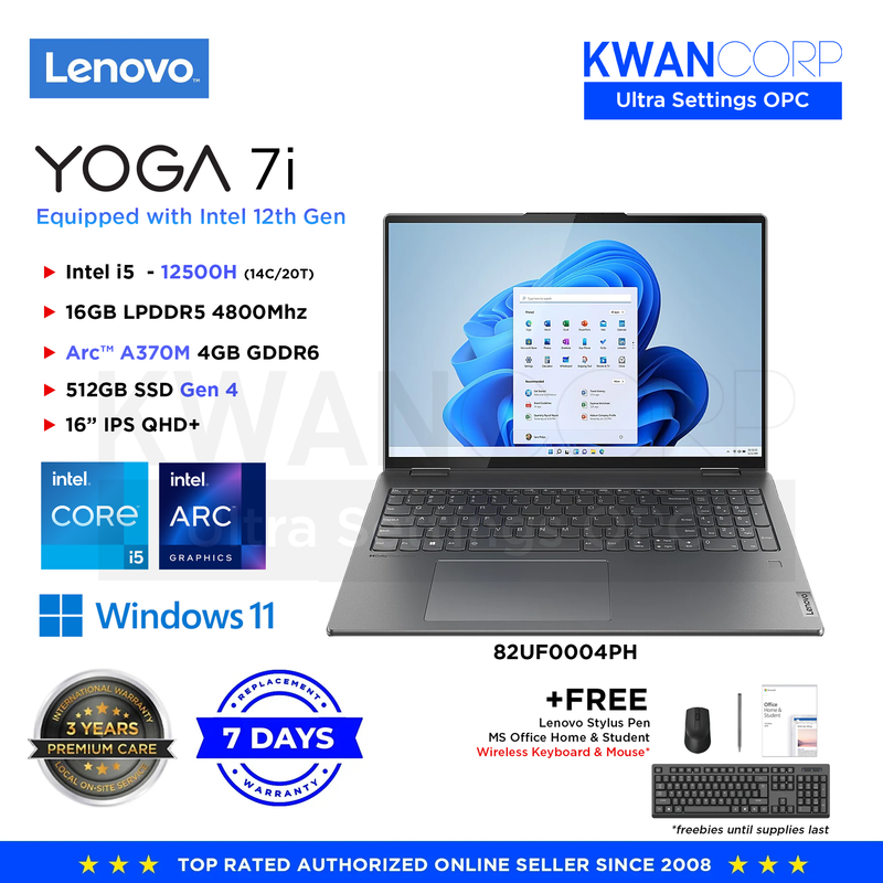 Lenovo Yoga 7i 82UF0004PH Intel i5 12500H 16GB RAM Arc™ A370M 4GB 512GB SSD Gen 4 16" IPS QHD+ Premium Laptop