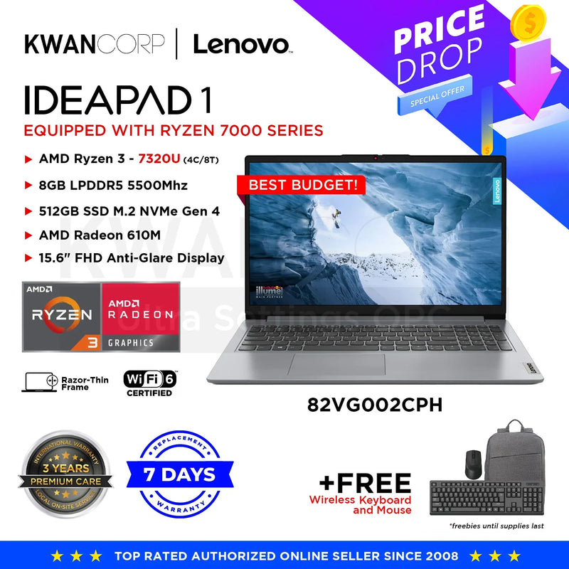 Lenovo IdeaPad 1 82VG002CPH AMD Ryzen 3 7320U 8GB RAM AMD Radeon 610M 512GB SSD 15.6" FHD Windows 11 Laptop
