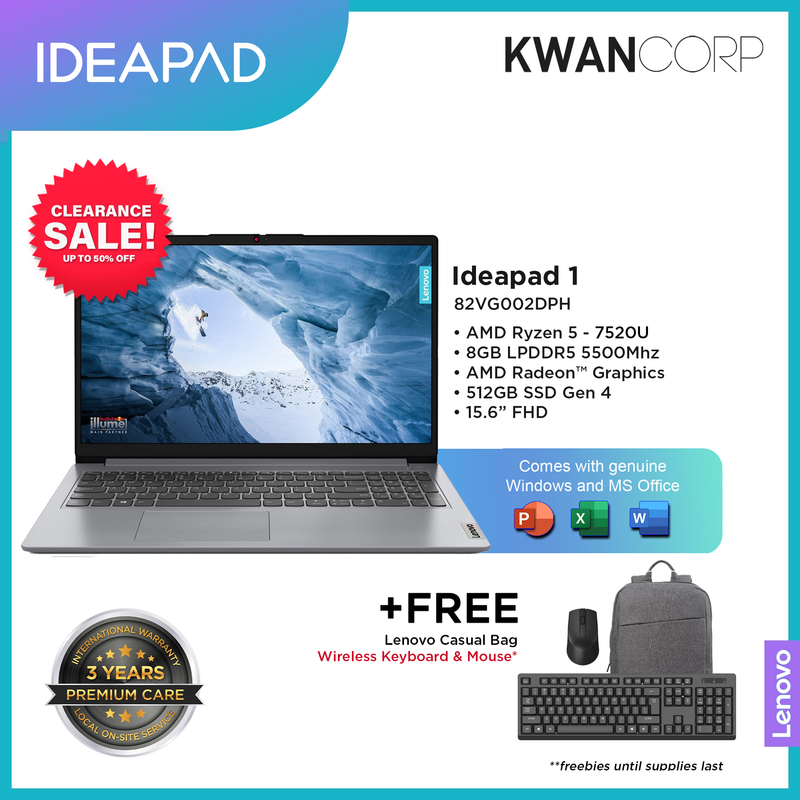 Lenovo IdeaPad 1  82VG002DPH AMD Ryzen 5 7520U 8GB RAM AMD Radeon™ Graphics 512GB SSD Gen 4 15.6" FHD Mainstream Laptop