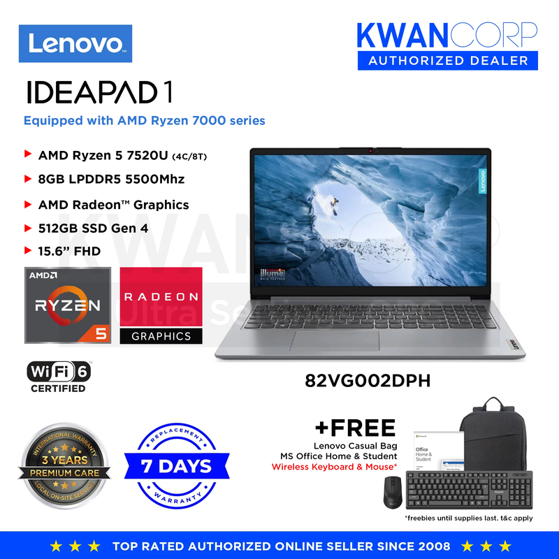 Lenovo IdeaPad 1  82VG002DPH AMD Ryzen 5 7520U 8GB RAM AMD Radeon™ Graphics 512GB SSD Gen 4 15.6" FHD Mainstream Laptop