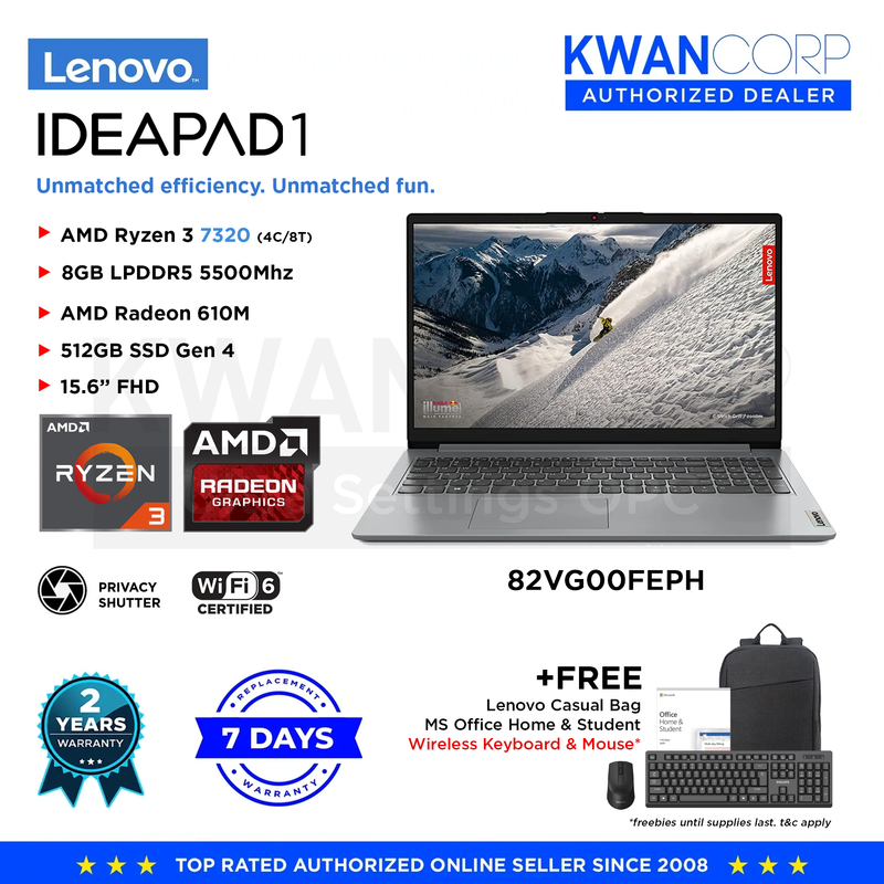 Lenovo Ideapad 1 82VG00FEPH AMD Ryzen 3 7320U 8GB RAM AMD Radeon 610M 512GB SSD 15.6" FHD Mainstream Laptop