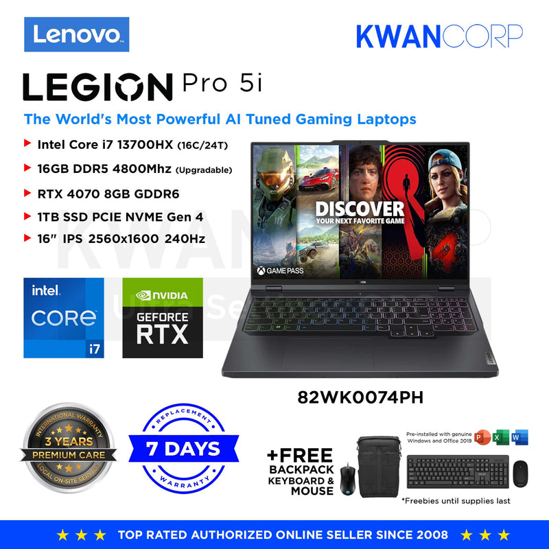 Lenovo Legion 5i Pro (2023 MODEL) 82WK0074PH Intel i7-13700HX 16GB RAM RTX 4070 8GB 1TB SSD Gen 4 16" IPS WQXGA 240Hz Gaming Laptop