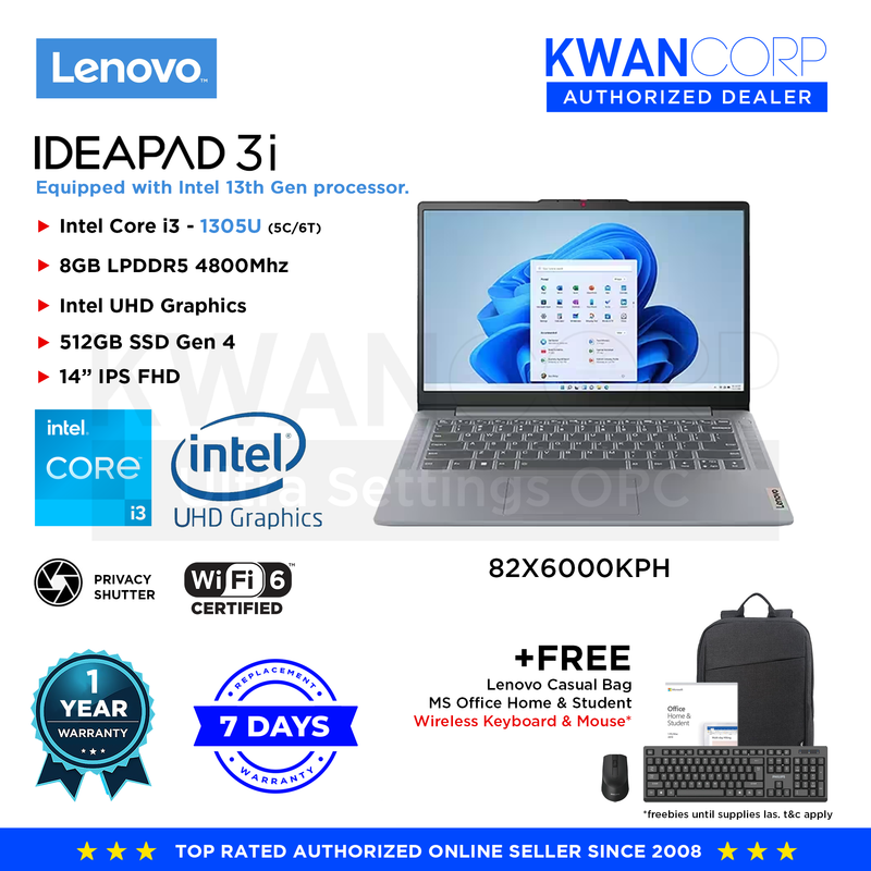 Lenovo IdeaPad 3i 82X6000KPH Intel i3 1305U 8GB RAM Intel UHD Graphics 512GB SSD 14" IPS FHD Mainstream Laptop