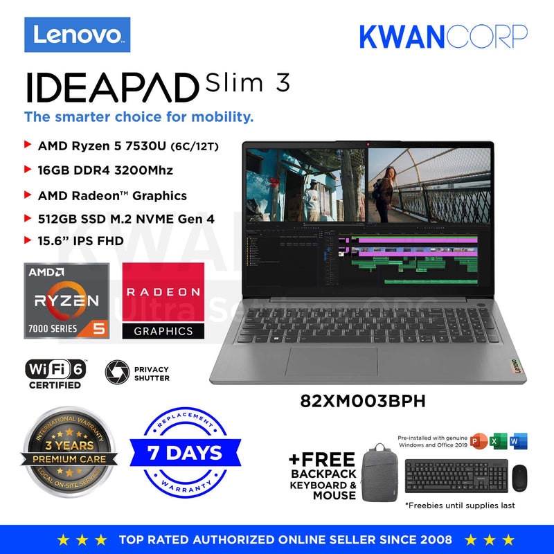 Lenovo IdeaPad Slim 3  82XM003BPH AMD Ryzen 5 73530U 16GB 512GB SSD Radeon Graphics 15.6" FHD IPS Windows 11 Laptop