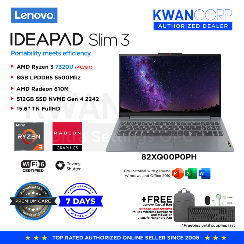 Lenovo IdeaPad Slim 3 82XQ00P0PH AMD Ryzen 3 7320U 8GB RAM AMD Radeon 610M 512GB SSD 15.6" FullHD 1920x1080 Windows 11 Mainstream Laptop
