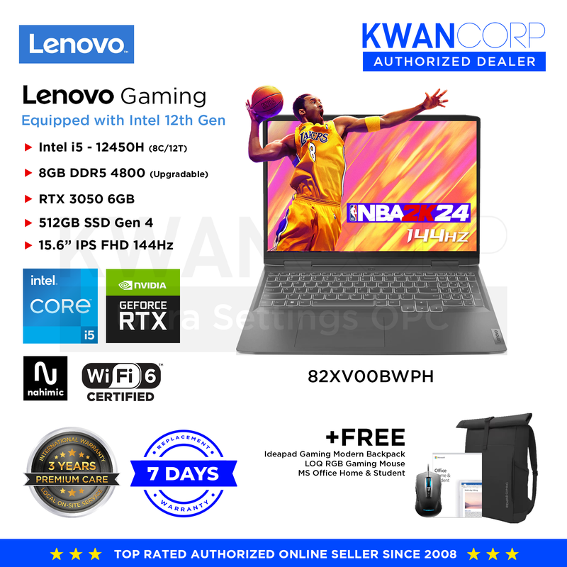 Lenovo Gaming 82XV00BWPH Intel i5 12450H 8GB RAM RTX3050 6GB 512GB SSD 15.6" IPS FHD Gaming Laptop