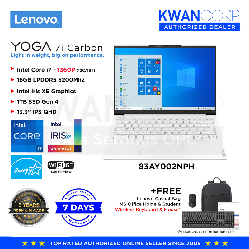 Lenovo Yoga Slim 7i Carbon 83AY002NPH Intel i7 - 1360P 16GB RAM Intel Iris XE Graphics 1TB SSD 13.3" IPS QHD Premium Laptop
