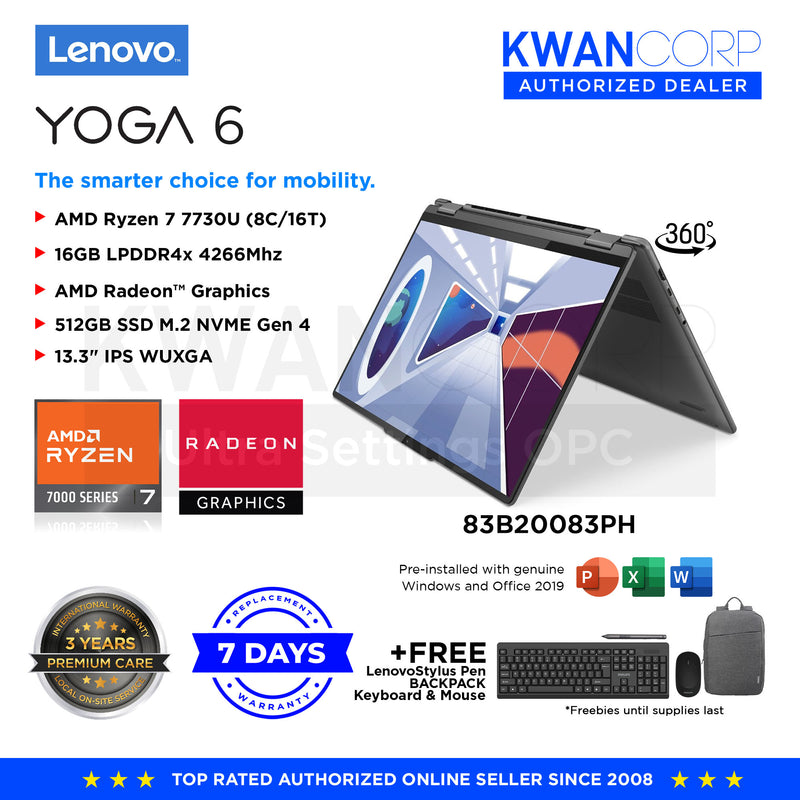 Lenovo Yoga 6. 83B20083PH AMD Ryzen 7 7730U 16GB AMD Radeon™ Graphics 512GB SSD Gen 4 13.3" IPS WUXGA Premium Laptop