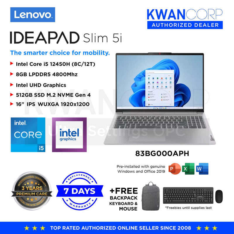 Lenovo IdeaPad Slim 5i 83BG000APH Intel Core i5 12th Gen 8GB 512GB SSD 16" IPS WUXGA Windows 11 Laptop