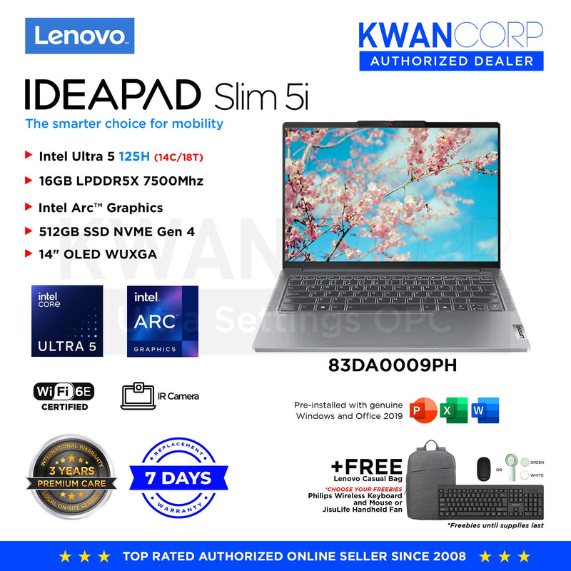 Lenovo IdeaPad Slim 5i 83DA0009PH Intel Ultra 5 125H 16GB RAM Intel Arc™ Graphics 512GB SSD 14" OLED WUXGA Windows 11 Mainstream Laptop