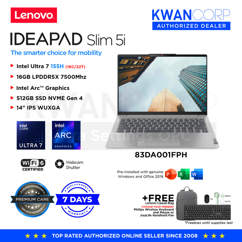 Lenovo IdeaPad Slim 5i. 83DA001FPH Intel Ultra 7 Meteor Lake 155H 16GB RAM Intel Arc™ Graphics 512GB SSD 14" IPS WUXGA Windows 11 Mainstream Laptop