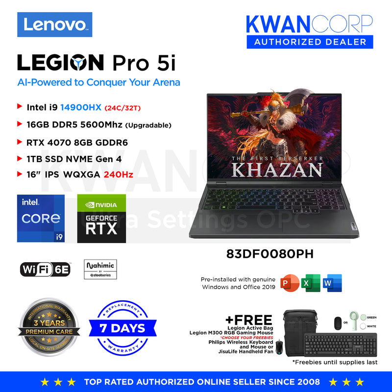Lenovo Legion Pro 5i. 83DF0080PH Intel i9 14900HX 16GB nVIDIA Geforce  RTX 4070 8GB 1TB SSD 16" IPS WQXGA 2560x1600 240Hz Windows 11 Gaming Laptop