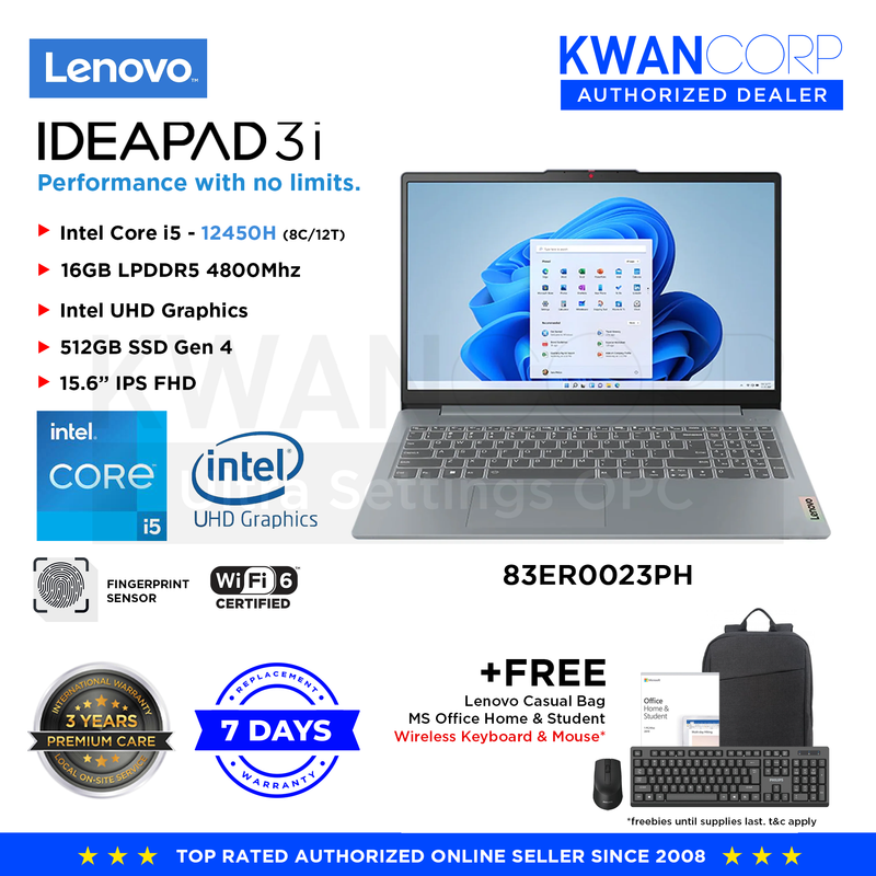 Lenovo IdeaPad 3i 83ER0023PH Intel i5 12450H 16GB RAM Intel UHD Graphics 512GB SSD 15.6" IPS FHD Mainstream Laptop