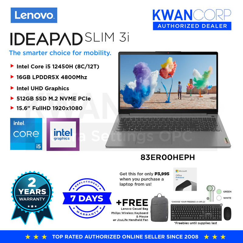 Lenovo IdeaPad Slim 3i. 83ER00HEPH Intel i5 12450H 16GB RAM Intel UHD Graphics 512GB SSD 15.6" Full HD Windows 11 Mainstream Laptop
