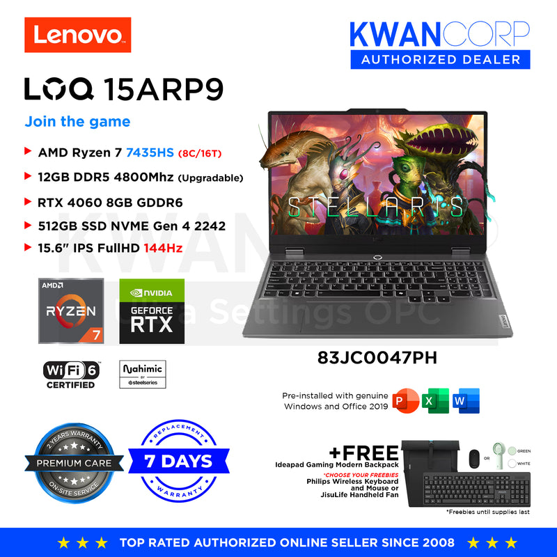 Lenovo LOQ 15ARP9. 83JC0047PH AMD Ryzen 7 7435HS 12GB RAM RTX 4060 8GB 512GB SSD 15.6" IPS FullHD  144Hz Windows 11 Gaming Laptop