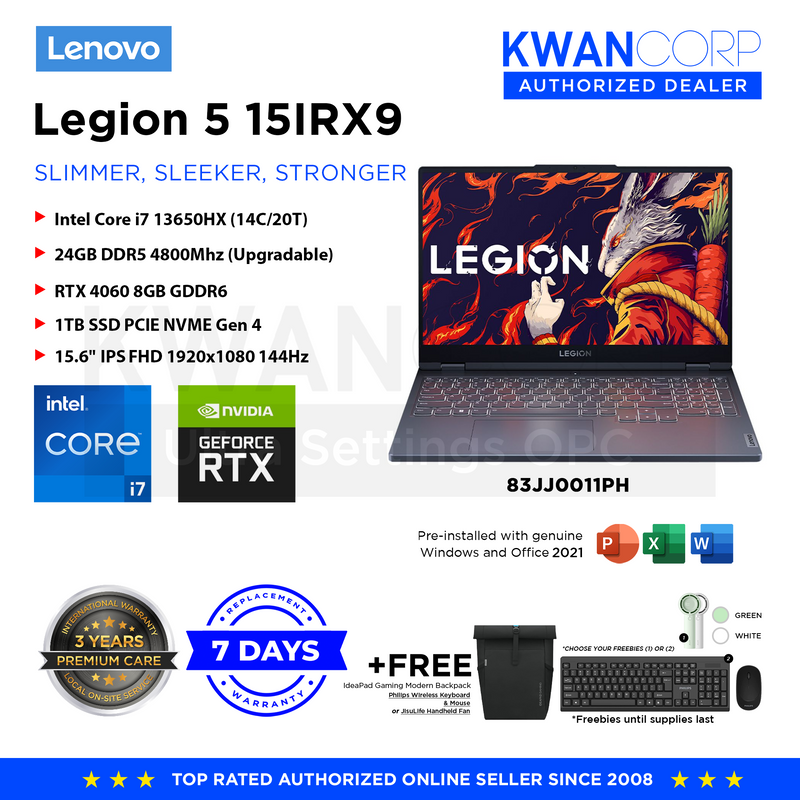 Lenovo Legion 5i. 83JJ0011PH Intel i7 13650HX 24GB RAM RTX 4060 8GB 1TB SSD 15.6" IPS FullHD 1920x1080 144Hz Windows 11 Gaming Laptop