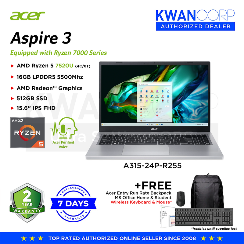 Acer Aspire 3 A315-24P-R255 AMD Ryzen 5 7520U 16GB RAM AMD Radeon™ Graphics 512GB SSD 15.6" IPS FHD Mainstream Laptop