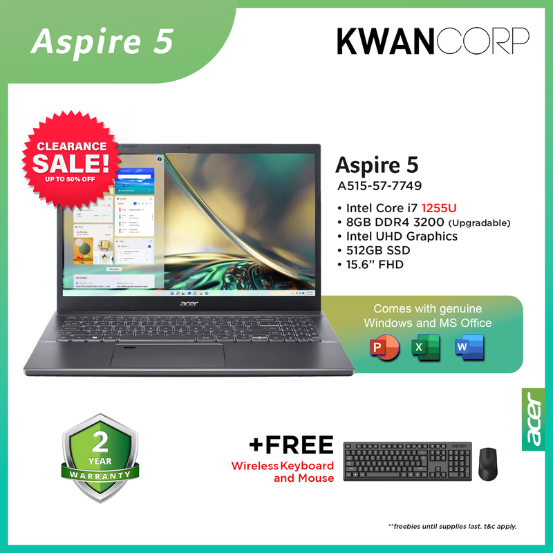 Acer Aspire 5 A515-57-7749 Intel i7 - 1255U 8GB RAM Intel UHD Graphics 512GB SSD 15.6" FHD Laptop