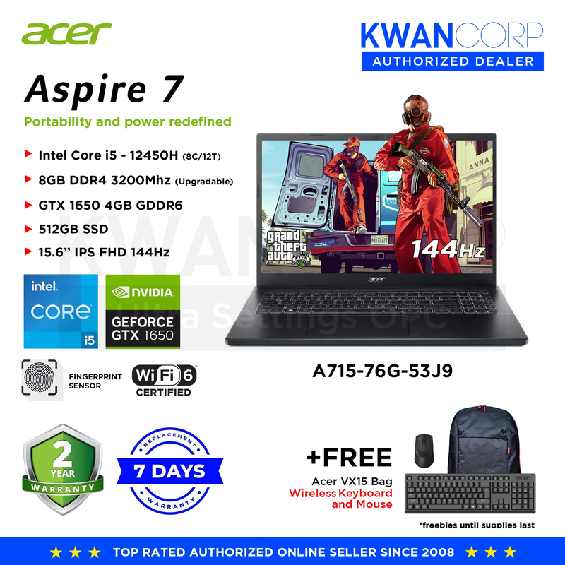 Acer Aspire 7 A715-76G-53J9 Intel i5 12450H 8GB RAM GTX 1650 4GB 512GB SSD 15.6" IPS FHD 144Hz