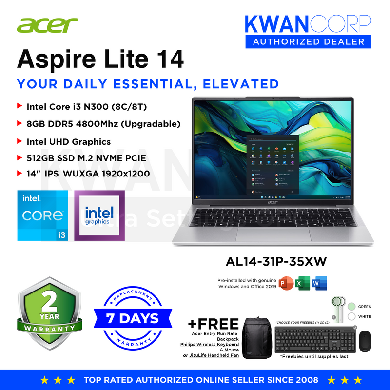 Acer Aspire Lite AL14-31P-35XW Intel i3 N300 8GB RAM Intel UHD Graphics 512GB SSD 14" IPS WUXGA Windows 11 Mainstream Laptop