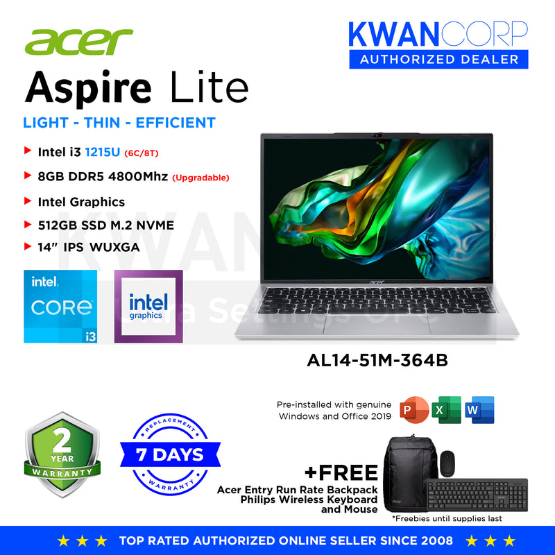 Acer Aspire Lite AL14-51M-364B Intel i3 1215U 8GB RAM Intel UHD Graphics 512GB SSD 14" IPS WUXGA Windows 11 Mainstream Laptop