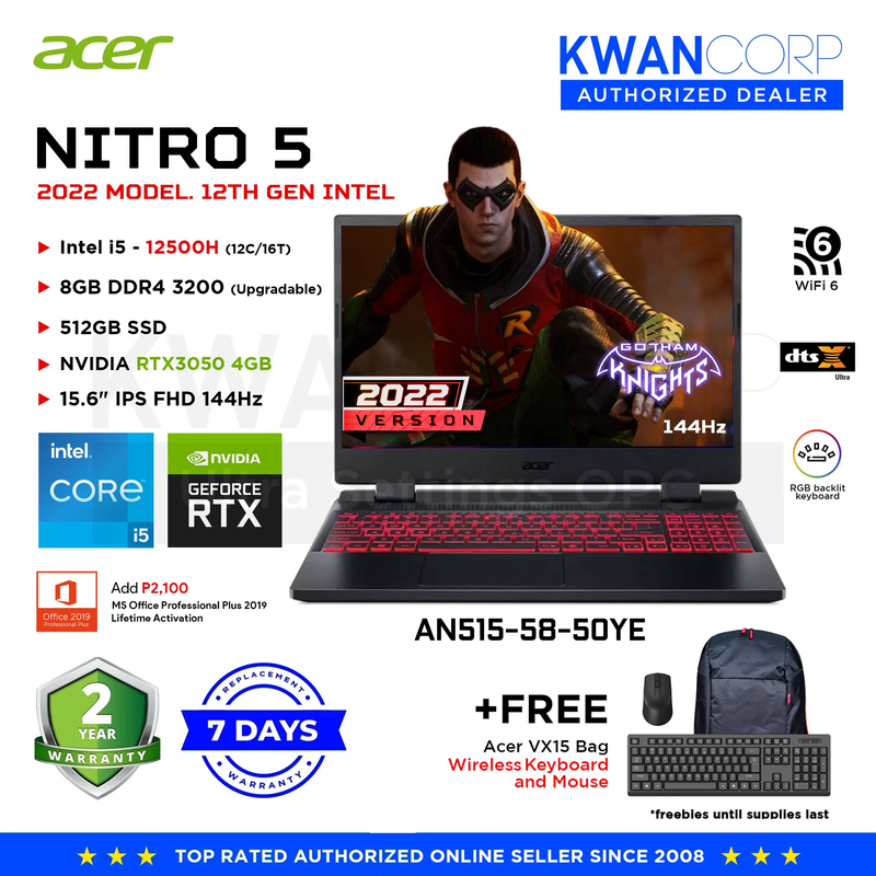 Acer Nitro 5 2022 MODEL AN515-58-50YE Intel i5 12th Gen 8GB RAM RTX 3050 4GB 512GB SSD 15.6" IPS FHD 144Hz Gaming Laptop