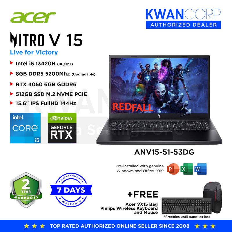 Acer Nitro V 15 ANV15-51-53DG Intel i5 13420H 8GB RAM Intel UHD Graphics RTX 4050 6GB 512GB SSD 15.6" IPS FullHD 144Hz Windows 11 Gaming Laptop